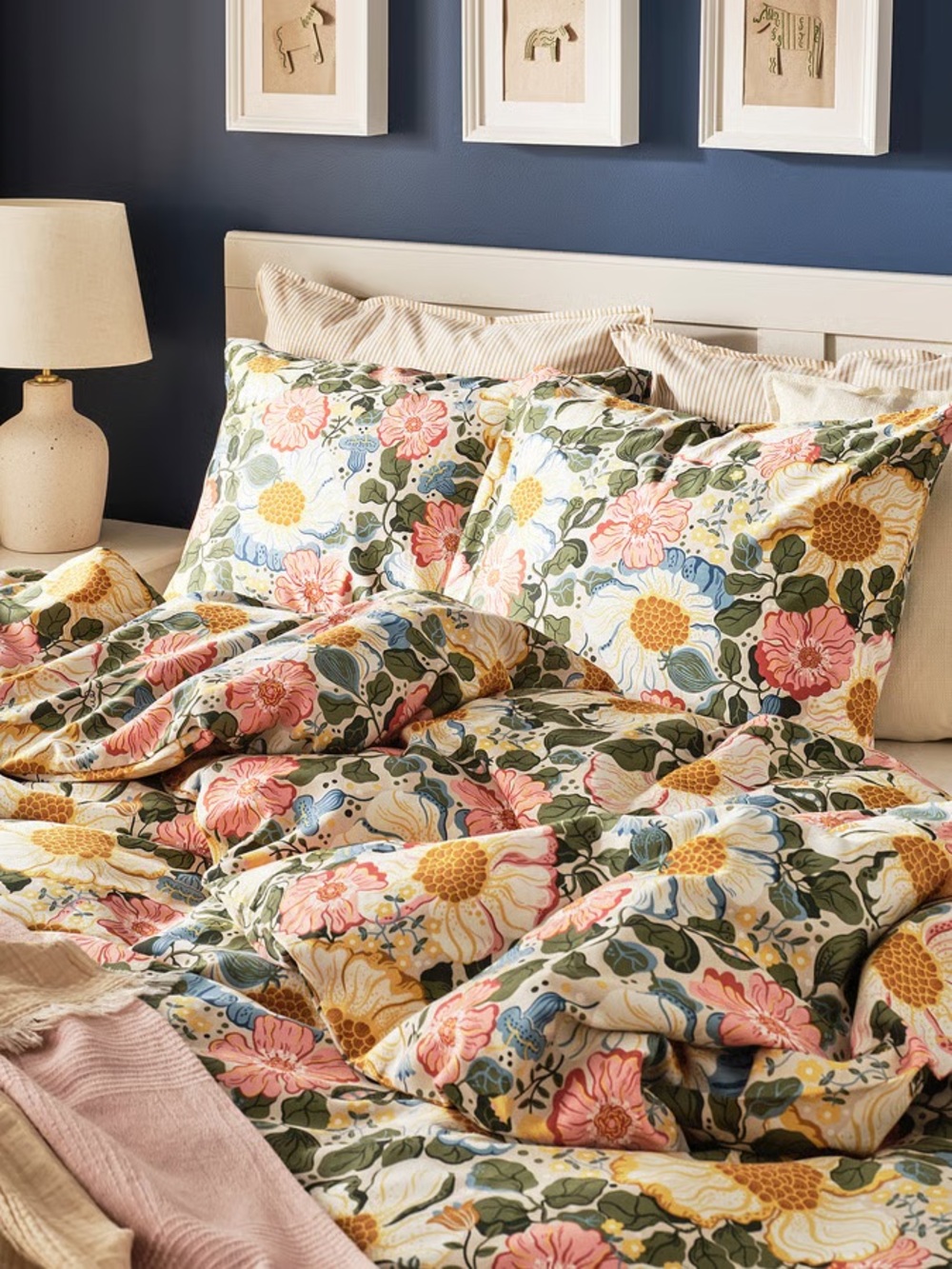 Floral Cotton Duvet Cover in Cream, Pink & Green